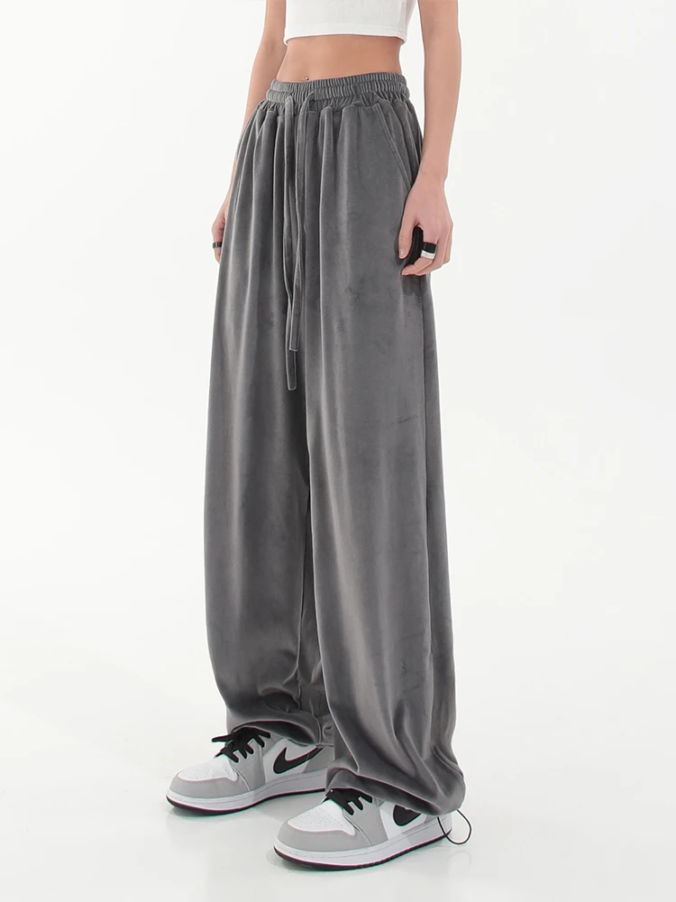 

Wide Leg Pants Women Baggy Solid Color Loose Casual Drawstring Sweatpants Long Daily Trousers Streetwear Cozy Velvet Vintage New