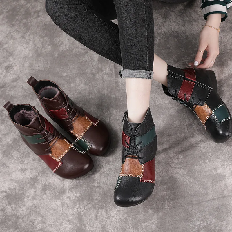 2022 New Autumn Winter Women Boots Retro Ethnic Style Patchwork Leather Booties Fashion Ladies Low-heel Ankle Boots Comfy Soft