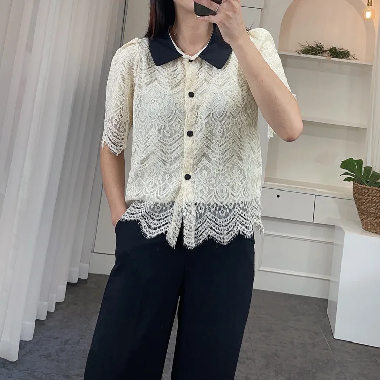 Корейские модные кружевные женские рубашки на пуговицах блузки женская летняя