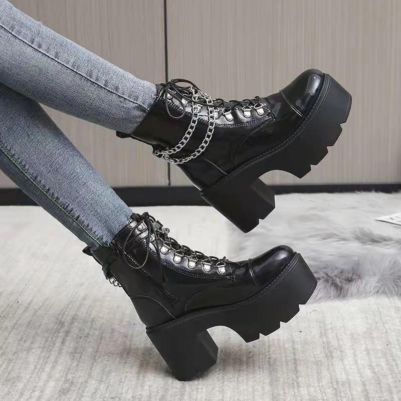 

Женские ботинки на платформе, черные боевые ботинки до середины икры, на молнии, с пряжкой, в готическом стиле, на танкетке, для зимы
