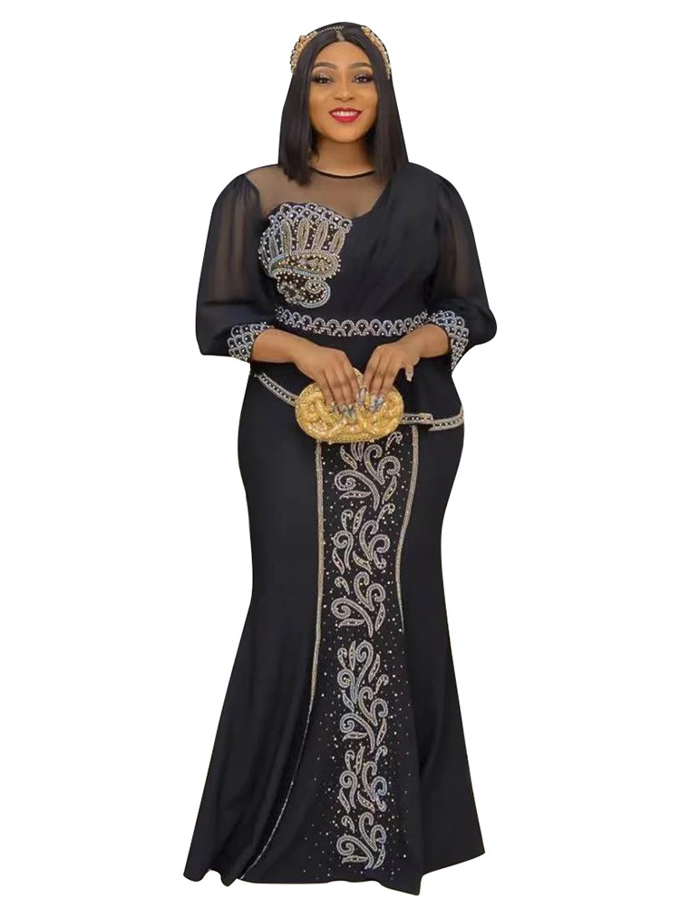 

Plus Size Mermaid Skirts Set Women With Diamond Mesh Splice Outfits Fashion New Puff Sleeve Tops And Long Skirt Office Lady Suit
