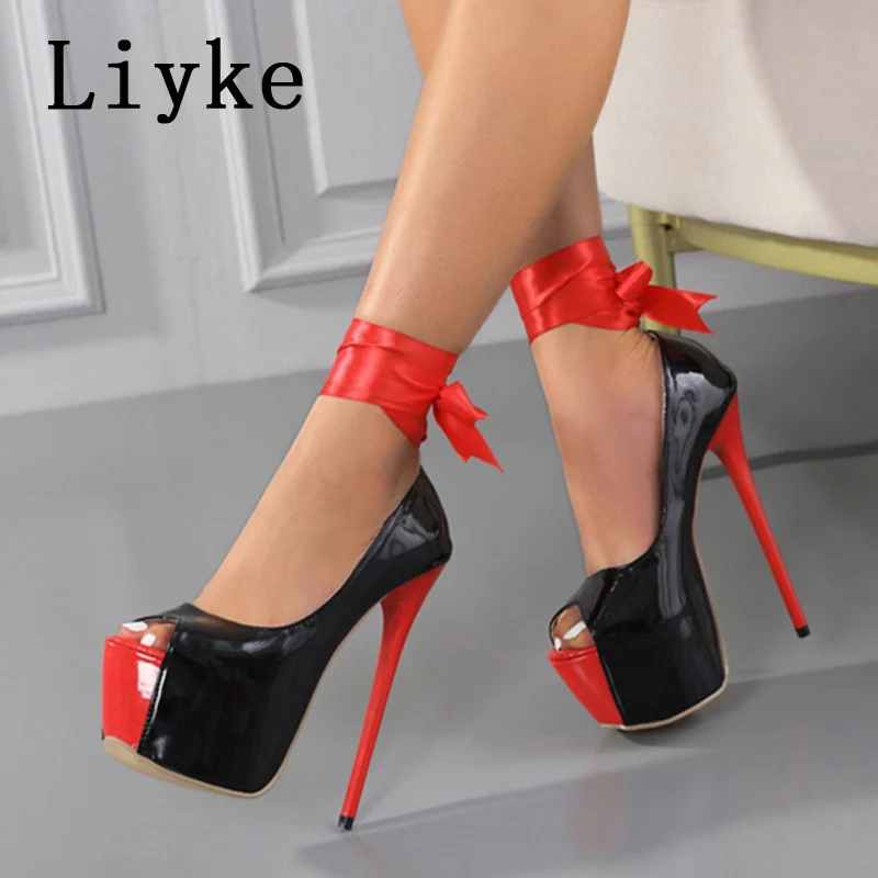 

Liyke Size 35-42 Platform Women Pumps Sandals Fashion Peep Toe Lace-Up Stripper Heels 16CM Sexy Party Nightclub Pole Dance Shoes
