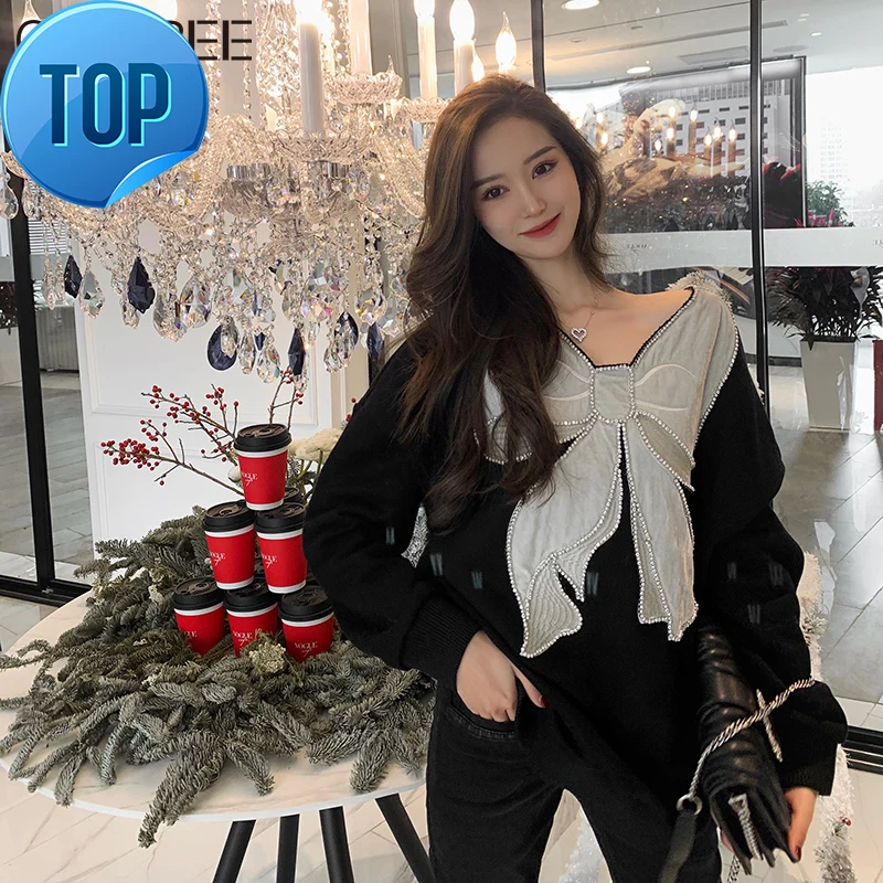 Winter Autumn Korean Clothes Fashion 2023 Women Elegant Crystal Beading Bow Long Sleeve Black Velvet Sweatshirts
