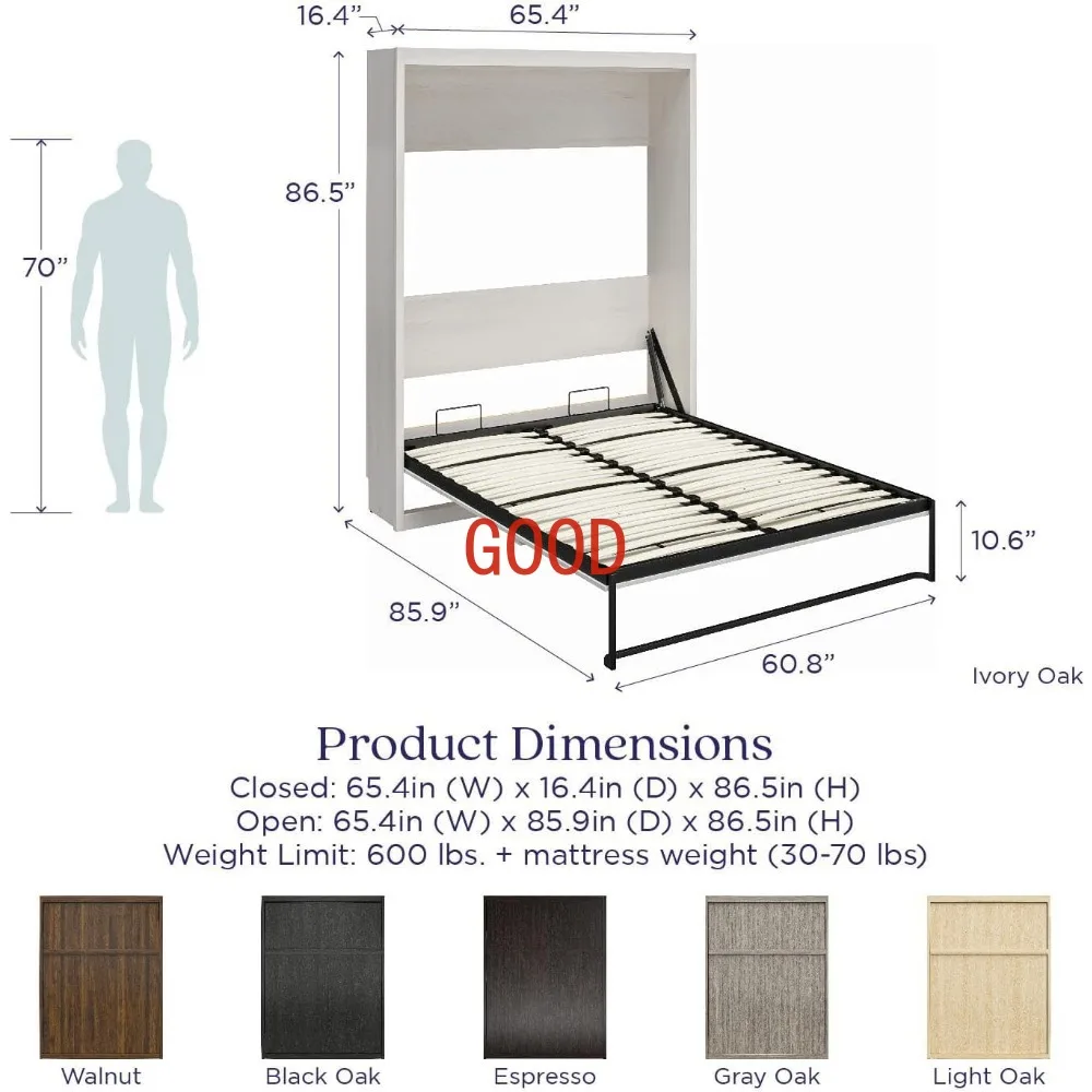 Полуместо Queen Size Деревянная кровать Murphy Складная многофункциональная настенная