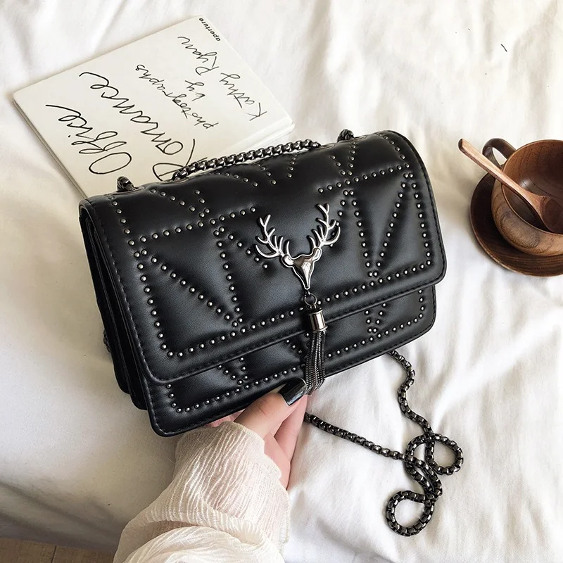 

Women's Bags Fashion Deer Head Rivet Design Shoulder Bag for Women Female Chain Leather Crossbody Bag Luxury Designer Handbag