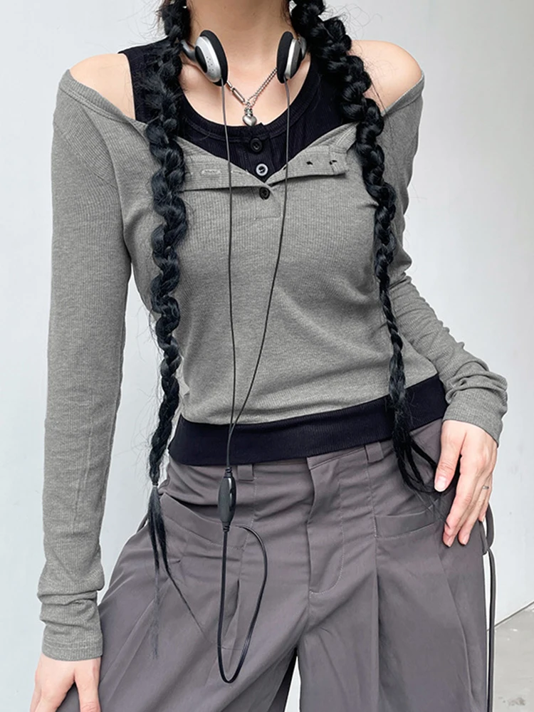 

Y2K футболки в стиле пэчворк, женские осенние приталенные Топы с длинным рукавом, футболки, корейская мода, имитация двух частей, трикотажный кроп-топ, уличная одежда
