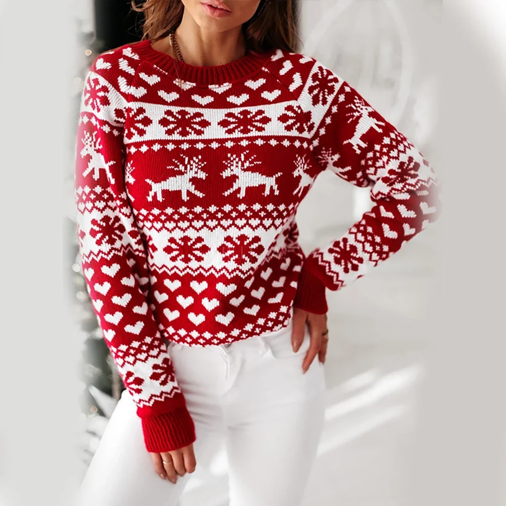 Женский хлопковый свитер с принтом снежинки и лося |