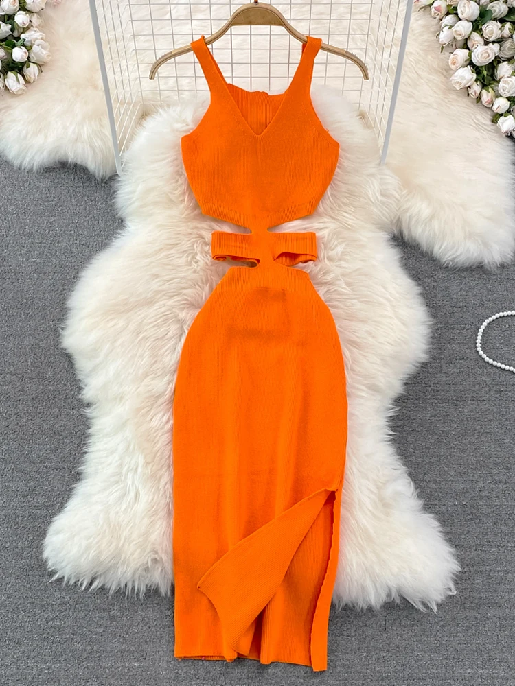 

YuooMuoo Sexy Women Hollow Out Elastic Waist Women Dress 2022 Summer Elegant Knitted Split Midi Party Dress Bodycon Sundress