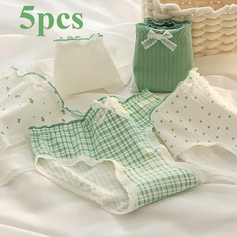 5 Pcs Underwear Panties Women Shorts Panty  Sweet Fresh Breathable Comfortable Girls Cute Briefs Mid Waist Underpants