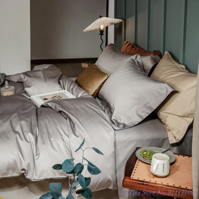 

100S Pure Cotton Bedding Set pure color simple light luxury duvet cover satin bedding 1.8m Bed Home Textile Gray Blue Pink Green