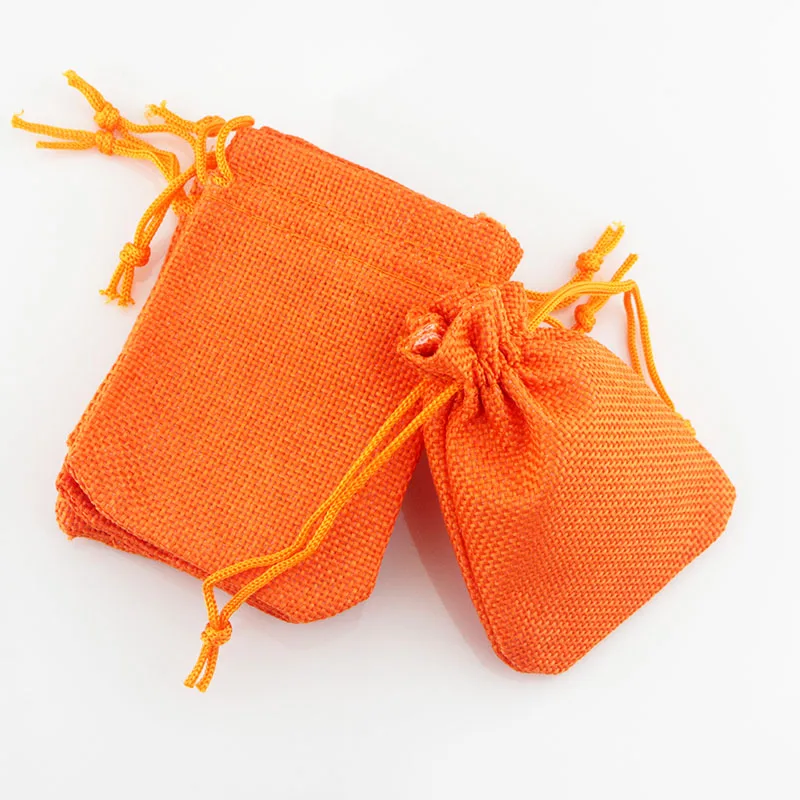 

7*9cm Vintage Style handmade Orange color Jute bag Sacks Drawstring gift bags for jewelry/wedding Packaging Linen Bags (100 pcs