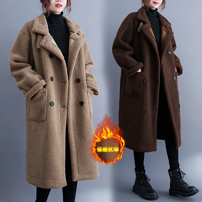 

#1522 Winter Woollen Overcoat Women Long-sleeve Double Breasted Warm Outwear Female Vintage Long Coat Ladies Pockets Black Khaki