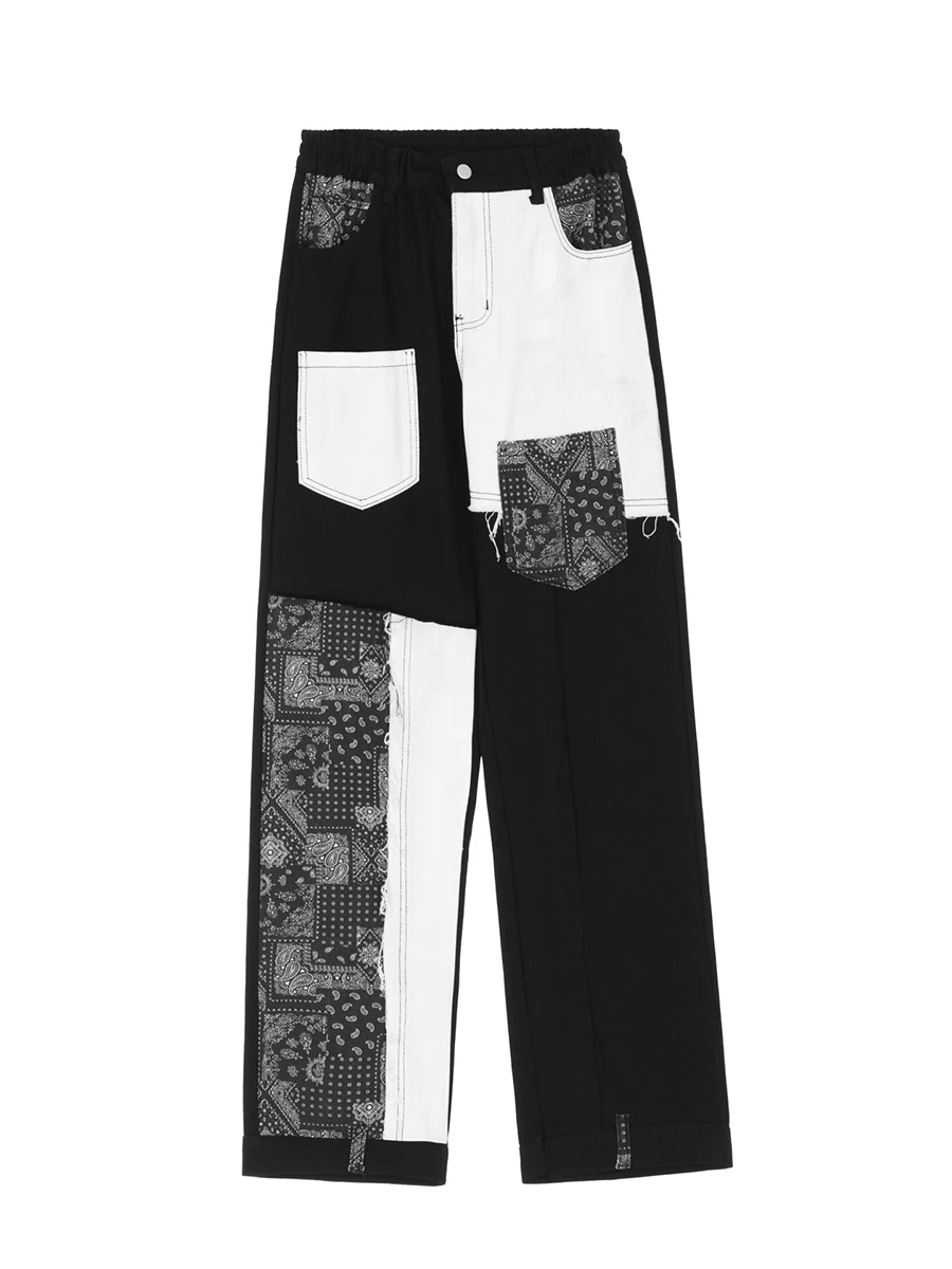 Four Seasons Men's Jeans Fashion Streetwear Stitching Straight Jeans Trend Design Color Matching Casual Trousers Ins Hot Sale