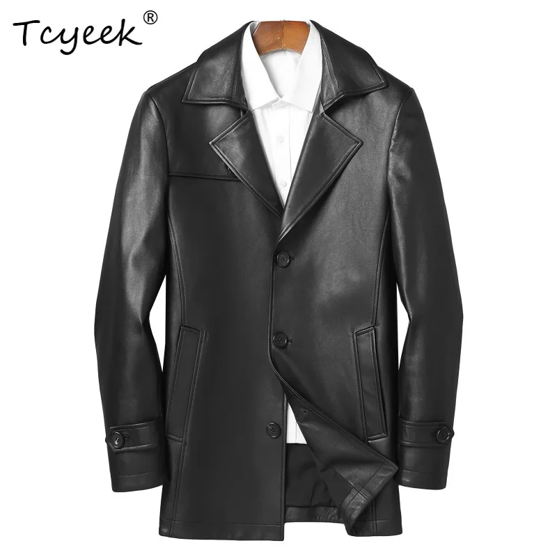 Фото Кожаная куртка Tcyeek из натуральной овчины для мужчин, осенняя верхняя одежда, деловой повседневный плащ, мужской тренчкот, Jaqueta De Couro №3
