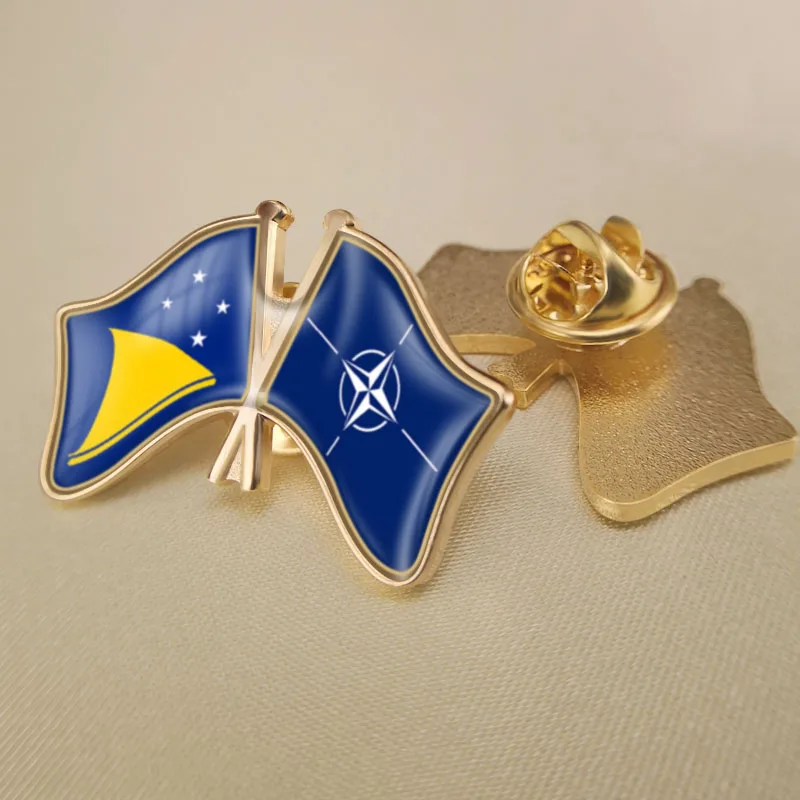 

Tokelau and NATO North Atlantic Treaty Organization Crossed Double Friendship Flags Lapel Pins Brooch Badges