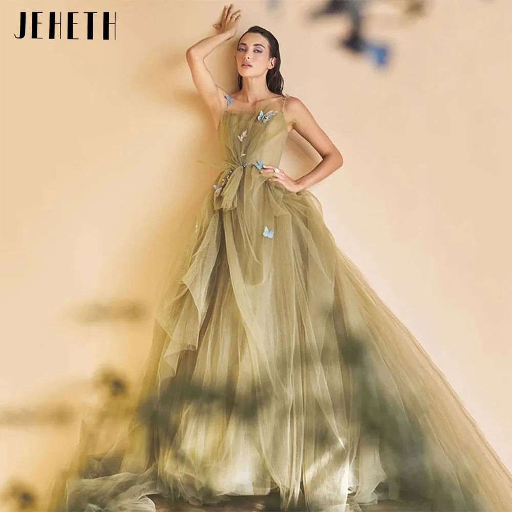 

JEHETH Mint Green Tulle Long Butterfly Prom Dress Princess Pleats Spaghetti Straps Boat Neck Backless A Line Evening Party Gown