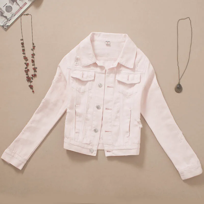 

Pink White Slim Short Denim Jacket Women Korean Casual Cowboy Outerwear Frayed Long Sleeve Big Pocket Jeans Jacket Coat Female