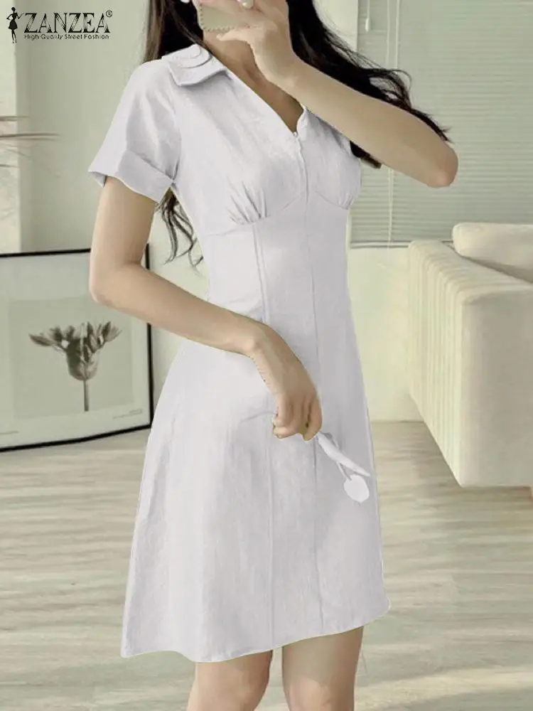 

ZANZEA Lapel V-neck Office Wear Mini Dress Fashion Women Cinched Waist A-line Short Vestidos Elegant Short Sleeve Corset Dress