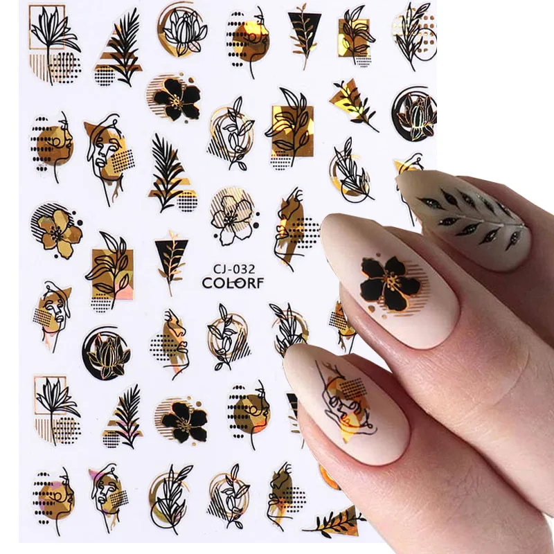 Наклейки для ногтей 3D "Newest Slider Laser Gold Leaves Black Flower Abstract Woman Face Line Art Accessories".