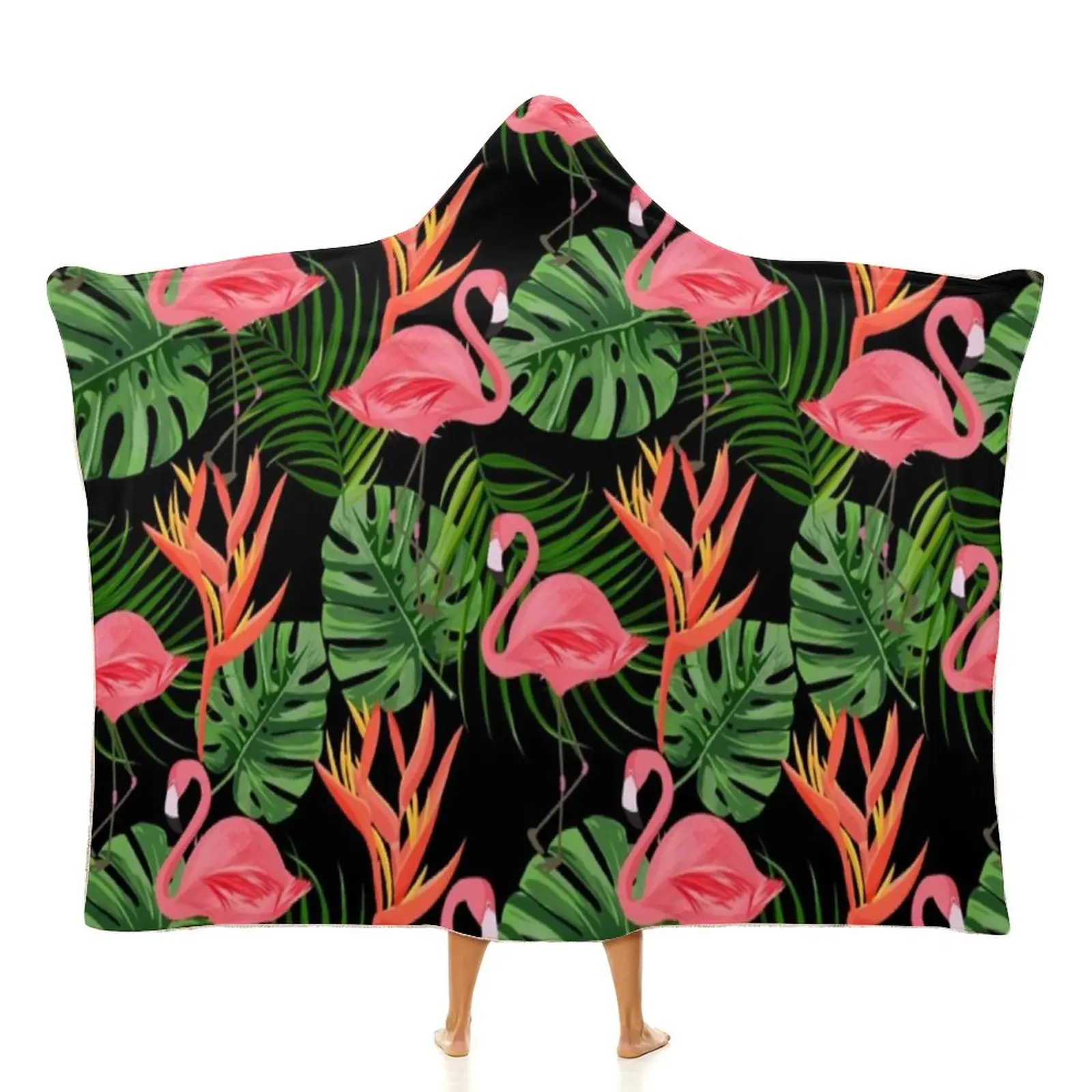 

Flamingo Print Blanket Tropical Plants Fleece Travel With Hood Blanket Soft Fashion Cute Bedspread