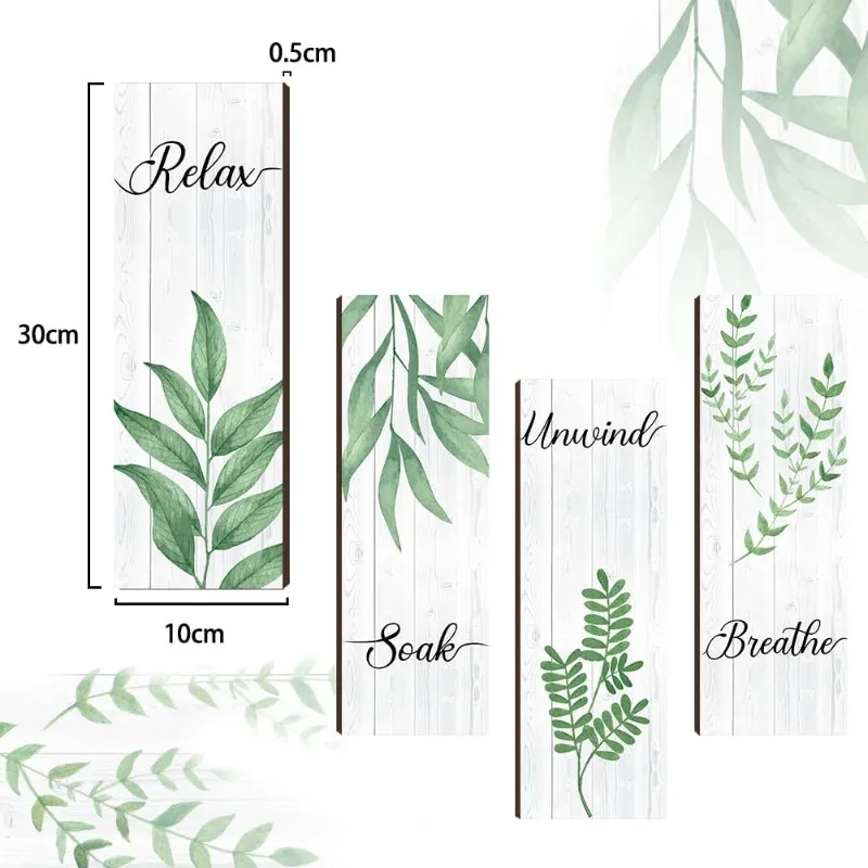 Деревянный настенный знак с зелеными листьями 4 шт.