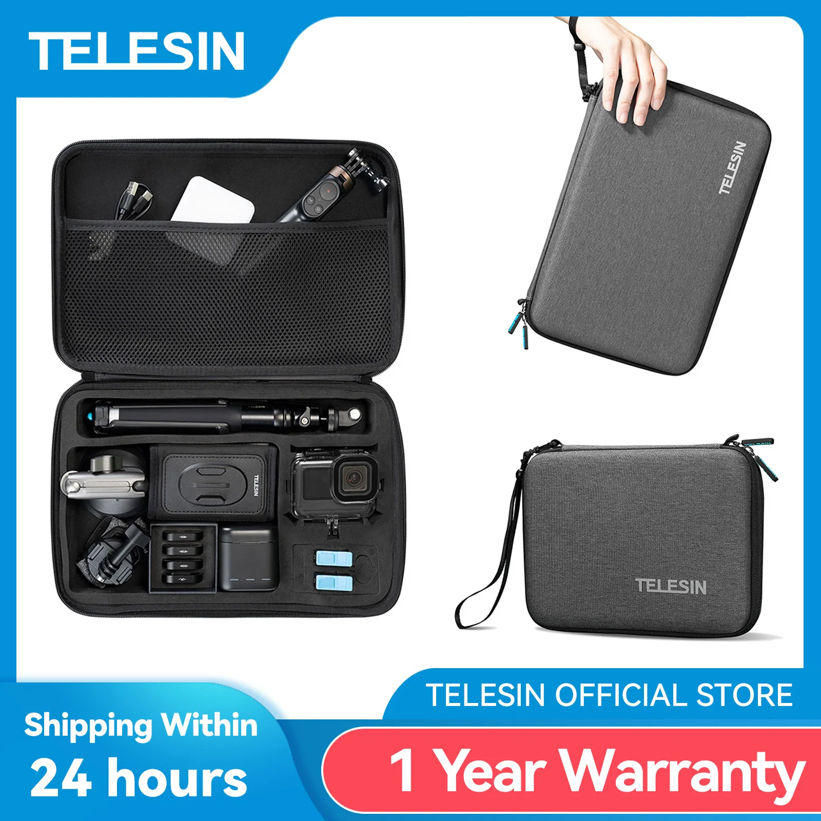 

TELESIN Large Waterproof Carrying Storage Bag Nylon EVA Hard Shell Portable for GoPro Hero 11 10 9 8 7 6 5 Osmo Action SJCAM