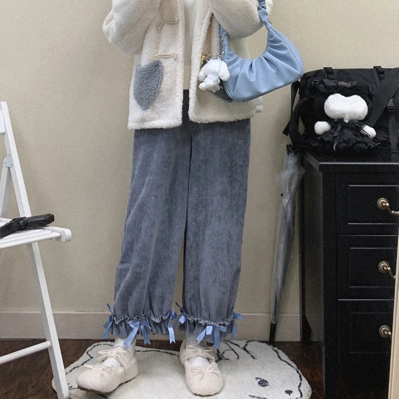 

Japanese Lolita Kawaii High Waist Corduroy Pants Women Sweet Bow Ruffles Loose Wide Leg Pants Girly Vintage Casual Cute Trousers