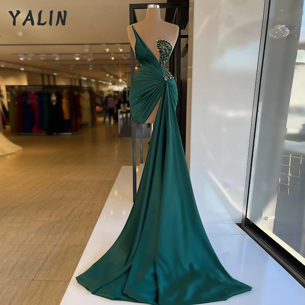 

YALIN Dark Green Mermaid Split Evening Dresses High Low Beaded Sequined Satin African Plus Size Pageant Gown Robe De Soiree