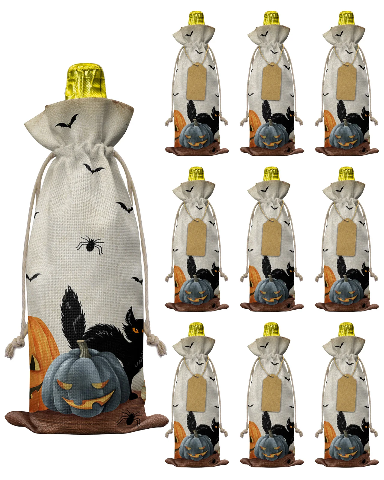 

10pcs Halloween Pumpkin Black Cat Bat Wine Bottle Bag with Drawstring Wedding Festive Party Decor Wine Bottle Covers Gift