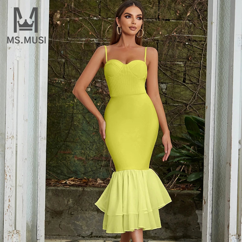 

Новинка 2023, модное женское сексуальное кружевное Сетчатое платье MSMUSI с оборками, без рукавов, с открытой спиной, Бандажное облегающее платье средней длины