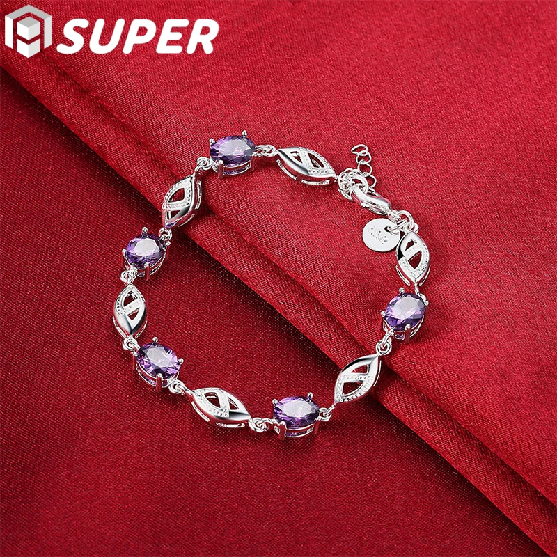 

925 Sterling Silver Purple Big AAA Zircon Bracelet Chain For Women Jewelry Engagement Party Christmas Gift
