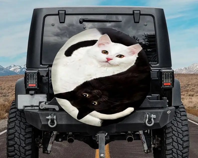 

Couple Black cat and White Cat Halloween Spare Tire Cover, Funny Cat Jeep Spare Tire Cover, Halloween gifts, Cat lover, Backup