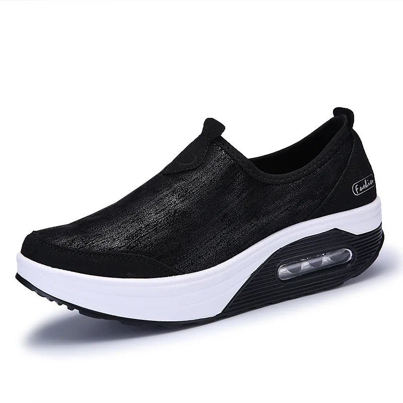 Women Sports Shoes  Flat  Air Cushion Slope Heel PU Large Size Breathable Solid Color Thick Bottom Increasecasualshoes