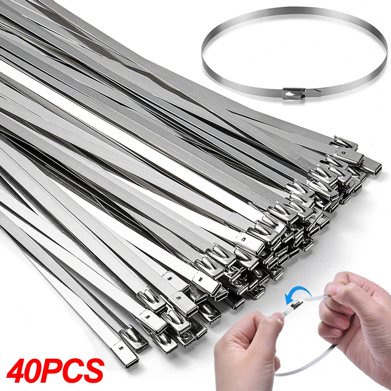 

40/20Pcs Stainless Steel Cable Ties Exhaust Wraps Coated Locking Heavy Duty Multi-Purpose Self-Locking Metal Cable Wire Zip Tie