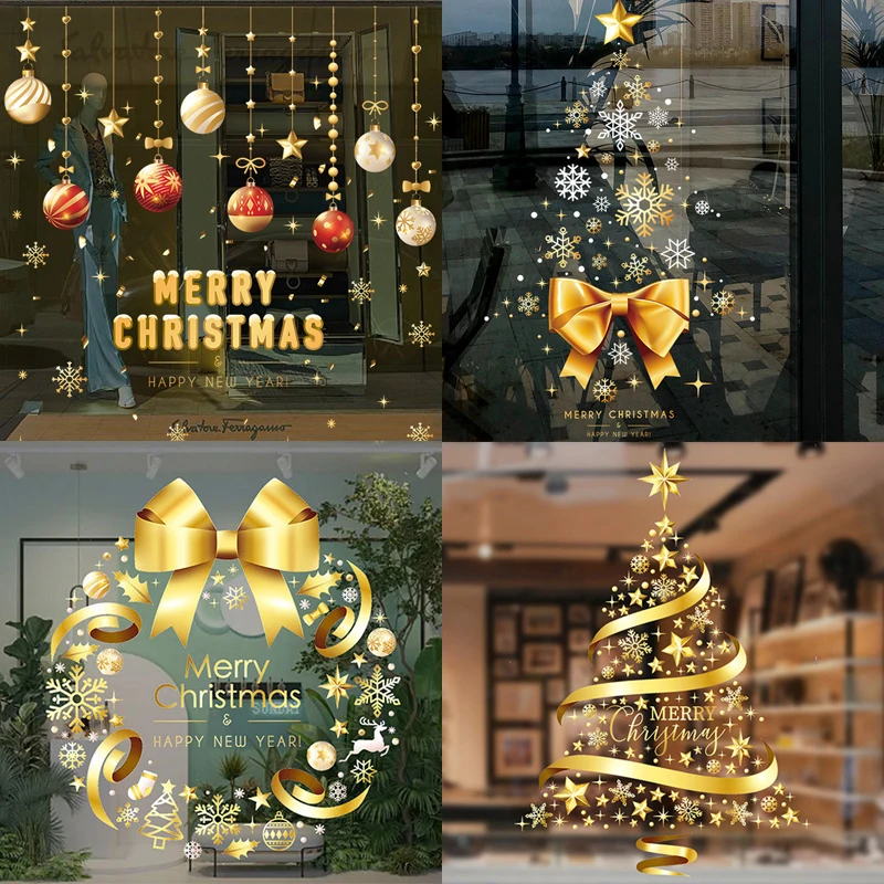 

Merry Christmas Window Stickers Snowflake Wreath Xmas Tree Hanging Ball Decals Sticker Christmas Decorations for Home Noel 2023