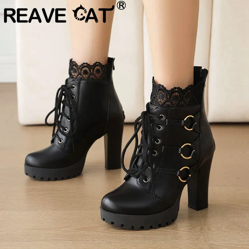 

REAVE CAT Women Ankle Boots Round Toe High Heel 10cm Platform 2.5cm Zipper Lace Up Metal Decoration Mature Dating Booty 41 42 43