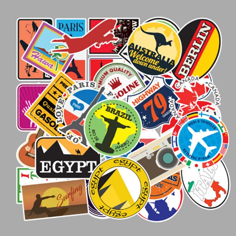 

100Pcs/set Outdoor Travel Map Country Famous Logo PVC Waterproof Stickers Decor For Suitcase Bicycle Car Guitar Skateboard