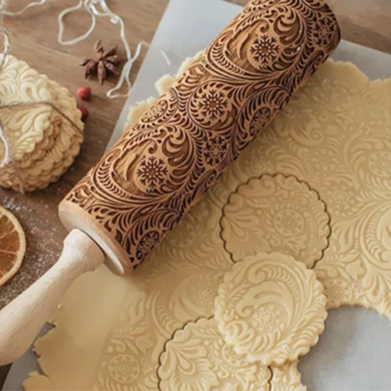 35CM Christmas Embossed Rolling Pin Wood Carved Cookies Biscuit Fondant Dough Baking Engraved Printed Roller Holiday Gifts