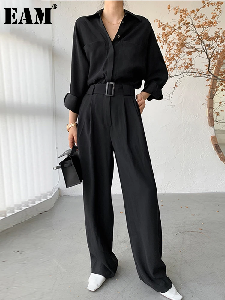 [EAM] Loose Fit Women Black Wide Leg Jumpsuit New High Waist Pocket Stitch  Pants Fashion Tide Spring Autumn 2023 1DD5639