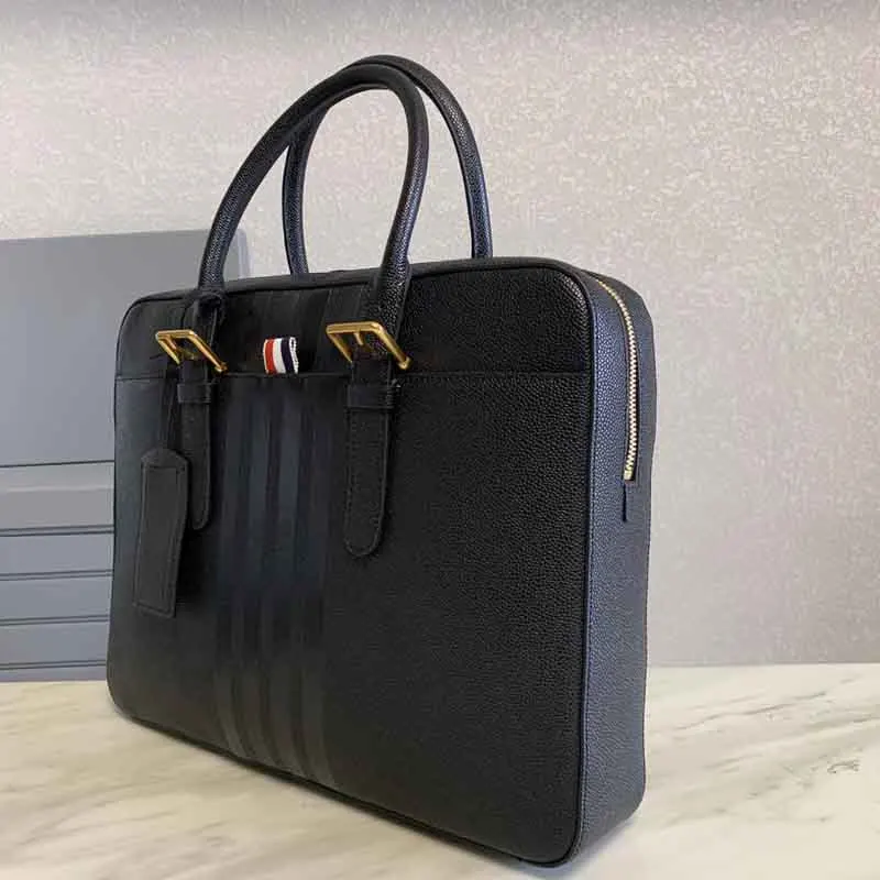 New TB Briefcases Luxury Brand Black Classic 4-Bar Striped Men's Bag Fashion Design Genuine Leather Messenger Business Handbags