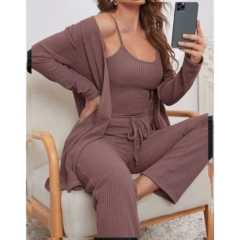 

Leisure Homewear Women Knitting Sling Tops + Long Sleeve Cardigan + Long Pants Pajamas Set Casual Solid Lady 3pcs Suit Sleepwear