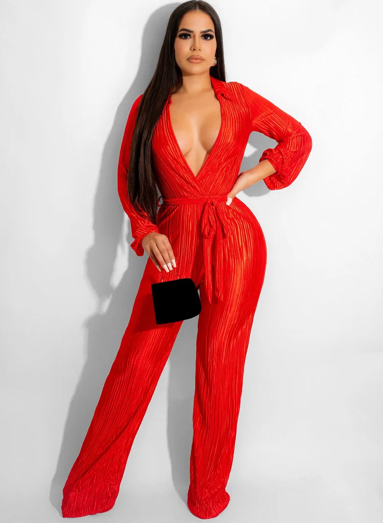 

WUHE Elegant Deep-V Neck Pleated Wide Leg Jumpsuit Overalls for Women Long Sleeve High Waisted Sexy Party Club Rompers