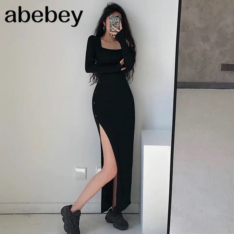 

European Sexy Slim Strapless Shoulder Bag Buttocks Long Sleeve Dress Autumn Womens 2022 Hot Square Collar Button HCKT