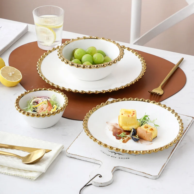 

Ceramic Dinnerware In Round Heart Shape Desert Plate Cute Plates White Dining Bowls With Gold Edge Family Table Utensils тарелки