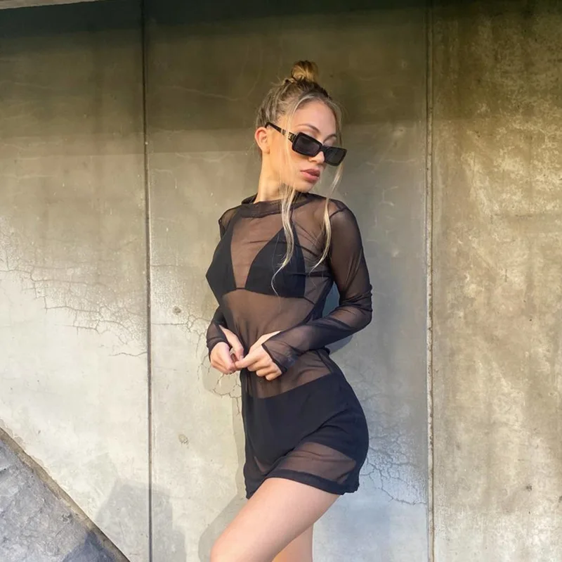 

2022 Women Casual Sheer Cardigan Long Sleeve Turtle Neck Solid Color Thigh Long Dress for Summer Beachwear Cover-Ups