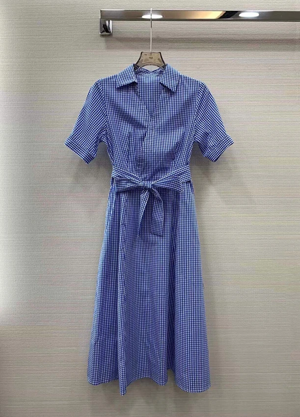 2023 new women fashion short sleeved shirt collar plaid belt slim fit mid dress dress 0403