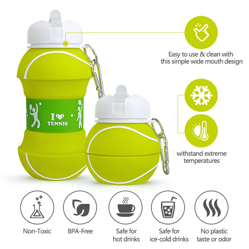 

550ml Tennis Water Bottle Leak-proof Botella Silicone Folding Cup Portable Tetera Fashion Water Kettle for Camping Picnic Tour