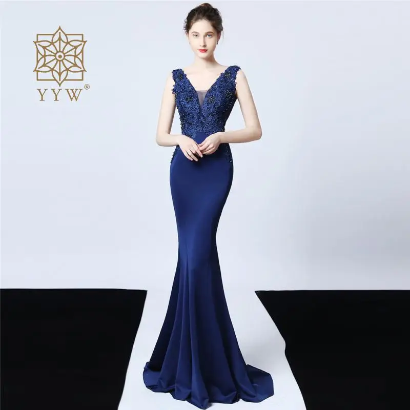 

Purplish Blue Maxi Evening Dress Lace Embroidery Elegant Long Formal Occasion Dresses Sleeves Mermaid Wedding Party Dress New