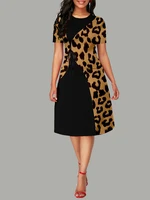 party dresses for women 2022 summer elegant leopard printed patchwork fashion dress short sleeve midi dress