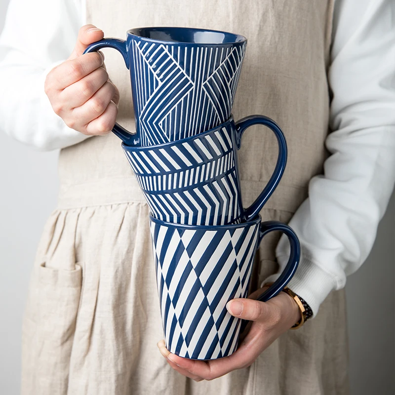 

Creative Embossed Large Cup Home Ceramic Milk Coffee Cup Open Design Water Cup Couple Mug Coffee Cup